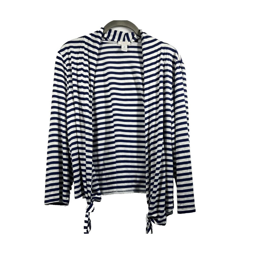 Chicos Shrug Cardigan‎ Sweater Large Blue White Stripe Nautical Tie 3/4 Sleeves